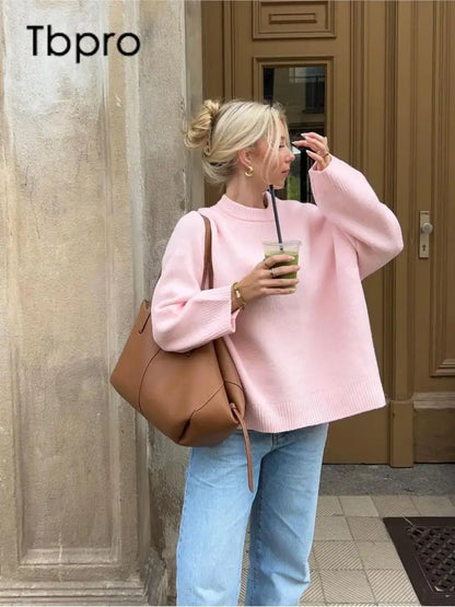 Sweet Pink Knit Sweater for Women Oversized Solid Crew Neck Long Sleeve Pullover Sweaters Female Fashion High Street Jumpers