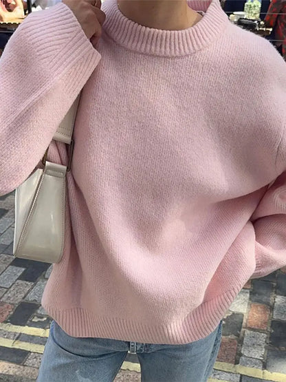 Sweet Pink Knit Sweater for Women Oversized Solid Crew Neck Long Sleeve Pullover Sweaters Female Fashion High Street Jumpers